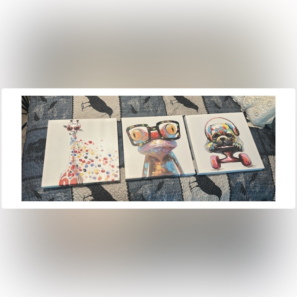 3 mixed media canvas painted cute animals art print